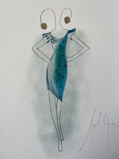 Drawing of a turquoise silk party dress 
